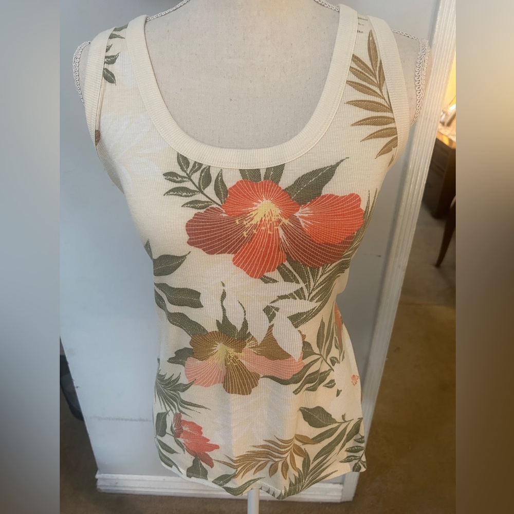 Tropical Floral Ribbed Tank Top - Cream and Orange